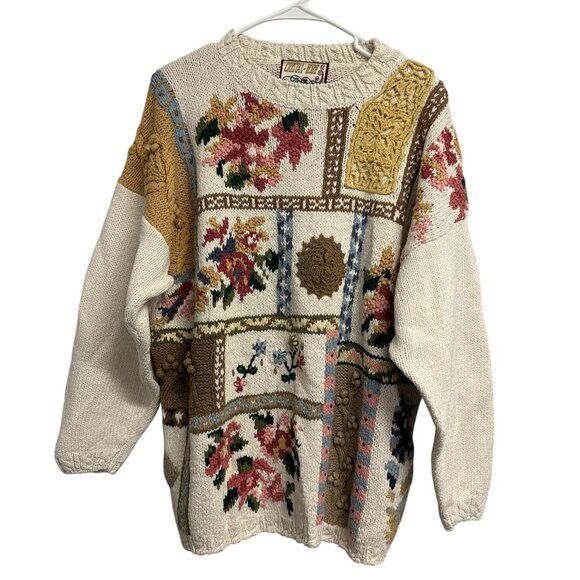Vtg 90s Crystal Kobe Knit Pastel Floral Winter Crochet Sweater Cottage Size 38 - Picture 1 of 7